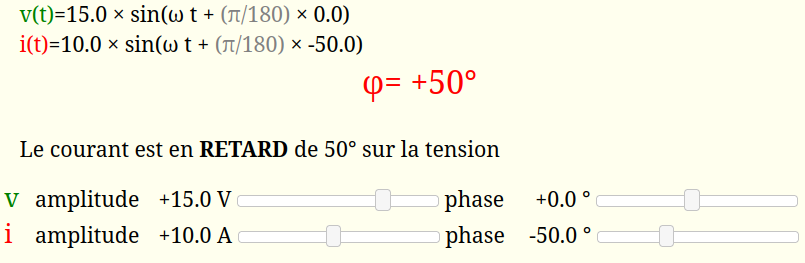Déphasage pour : Tension 0° / Courant -50°