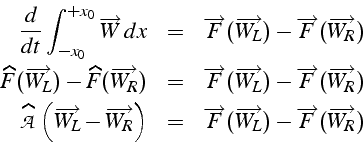 \begin{eqnarray*}
\frac{d}{dt}\int_{-x_{0}}^{+x_{0}}\overrightarrow{W}\, dx & = ...
...overrightarrow{W_{L}})-\overrightarrow{F}(\overrightarrow{W_{R}})\end{eqnarray*}