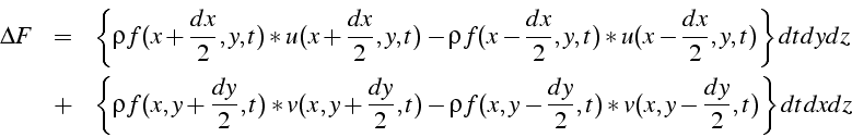 \begin{eqnarray*}
\Delta F & = & \left\{ \rho f(x+\frac{dx}{2},y,t)*u(x+\frac{dx...
...)-\rho f(x,y-\frac{dy}{2},t)*v(x,y-\frac{dy}{2},t)\right\} dtdxdz\end{eqnarray*}