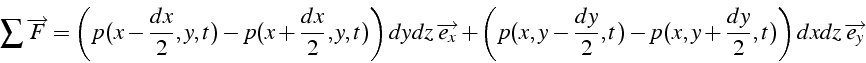 \begin{displaymath}
\sum\overrightarrow{F}=\left(p(x-\frac{dx}{2},y,t)-p(x+\frac...
...{2},t)-p(x,y+\frac{dy}{2},t)\right)dxdz\,\overrightarrow{e_{y}}\end{displaymath}