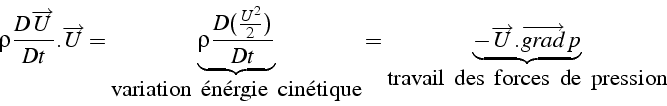 \begin{displaymath}
\rho\frac{D\overrightarrow{U}}{Dt}.\overrightarrow{U}=\under...
...rrow{grad}\, p}_{\mbox{travail\, des\, forces\, de\, pression}}\end{displaymath}