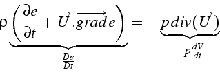 \begin{displaymath}
\rho\underbrace{\left(\frac{\partial e}{\partial t}+\overrig...
...t}}=-\underbrace{p\, div(\overrightarrow{U})}_{-p\frac{dV}{dt}}\end{displaymath}