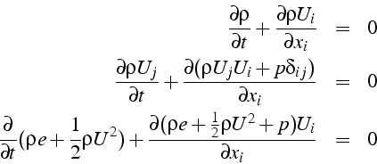 \begin{eqnarray*}
\frac{\partial\rho}{\partial t}+\frac{\partial\rho U_{i}}{\par...
...ial(\rho e+\frac{1}{2}\rho U^{2}+p)U_{i}}{\partial x_{i}} & = & 0\end{eqnarray*}