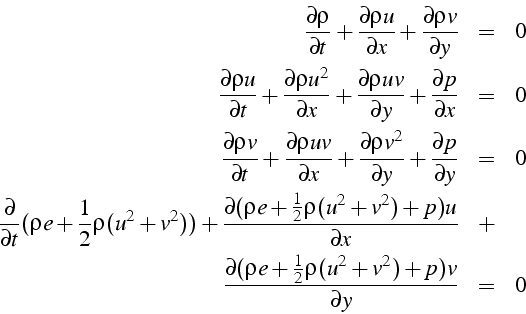 \begin{eqnarray*}
\frac{\partial\rho}{\partial t}+\frac{\partial\rho u}{\partial...
...tial(\rho e+\frac{1}{2}\rho(u^{2}+v^{2})+p)v}{\partial y} & = & 0\end{eqnarray*}