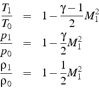 \begin{eqnarray*}
\frac{T_{1}}{T_{0}} & = & 1-\frac{\gamma-1}{2}M_{1}^{2}\\
\fr...
...{1}^{2}\\
\frac{\rho_{1}}{\rho_{0}} & = & 1-\frac{1}{2}M_{1}^{2}\end{eqnarray*}