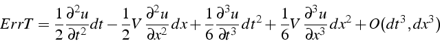 \begin{displaymath}
ErrT=\frac{1}{2}\frac{\partial^{2}u}{\partial t^{2}}dt-\frac...
...,\frac{\partial^{3}u}{\partial x^{3}}\, dx^{2}+O(dt^{3},dx^{3})\end{displaymath}