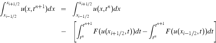 \begin{eqnarray*}
\int_{x_{i-1/2}}^{x_{i+1/2}}u(x,t^{n+1})dx & = & \int_{x_{i-1/...
...(x_{i+1/2},t))dt-\int_{t^{n}}^{t^{n+1}}F(u(x_{i-1/2},t))dt\right]\end{eqnarray*}