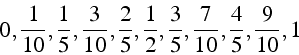 \begin{displaymath}
0,\frac{1}{10},\frac{1}{5},\frac{3}{10},\frac{2}{5},\frac{1}{2},\frac{3}{5},\frac{7}{10},\frac{4}{5},\frac{9}{10},1\end{displaymath}