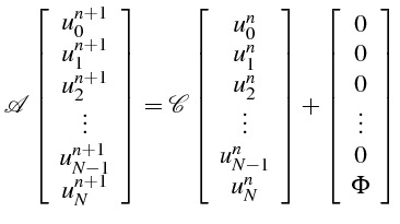 $\displaystyle \mathcal{A}\left[\begin{array}{c} u_{0}^{n+1} u_{1}^{n+1} u_{...
...}\right]+\left[\begin{array}{c} 0 0 0 \vdots 0 \Phi\end{array}\right]$
