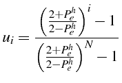 $\displaystyle u_{i}=\frac{\left(\frac{2+P_{e}^{h}}{2-P_{e}^{h}}\right)^{i}-1}{\left(\frac{2+P_{e}^{h}}{2-P_{e}^{h}}\right)^{N}-1}$