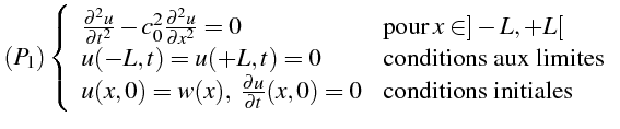 $\displaystyle (P_{1})\left\{ \begin{array}{ll} \frac{\partial^{2}u}{\partial t^...
...{\partial u}{\partial t}(x,0)=0 & \mbox{conditions initiales}\end{array}\right.$