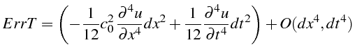 \bgroup\color{black}$\displaystyle ErrT=\left(-\frac{1}{12}c_{0}^{2} \frac{\par...
...1}{12}\frac{\partial^{4}u}{\partial t^{4}}dt^{2}\right)+O(dx^{4},dt^{4})$\egroup