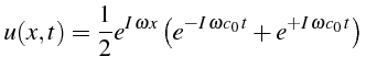 \bgroup\color{black}$\displaystyle u(x,t)=\frac{1}{2}e^{I \omega x}\left(e^{-I \omega c_{0}  t}+e^{+I \omega c_{0}  t}\right)$\egroup