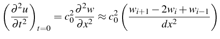 \bgroup\color{black}$\displaystyle \left(\frac{\partial^{2}u}{\partial t^{2}}\ri...
...^{2}}\approx c_{0}^{2}\left(\frac{w_{i+1}-2w_{i}+w_{i-1}}{dx^{2}}\right)$\egroup