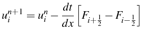 $\displaystyle u_{i}^{n+1}=u_{i}^{n}-\frac{dt}{dx}\left[F_{i+\frac{1}{2}}-F_{i-\frac{1}{2}}\right]$