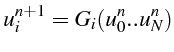 \bgroup\color{black}$\displaystyle u_{i}^{n+1}=G_{i}(u_{0}^{n}..u_{N}^{n})$\egroup