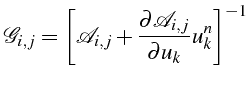 \bgroup\color{black}$\displaystyle \mathcal{G}_{i,j}=\left[\mathcal{A}_{i,j}+\frac{\partial\mathcal{A}_{i,j}}{\partial u_{k}}u_{k}^{n}\right]^{-1}$\egroup