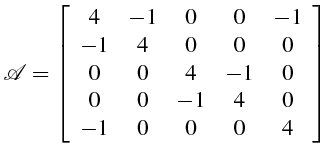 \bgroup\color{black}$\displaystyle \mathcal{A}=\left[\begin{array}{ccccc}
4 & -1...
...4 & -1 & 0\\
0 & 0 & -1 & 4 & 0\\
-1 & 0 & 0 & 0 & 4\end{array}\right]$\egroup