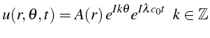 \bgroup\color{black}$\displaystyle u(r,\theta,t)=A(r)  e^{Ik\theta}e^{I\lambda c_{0}t}     k\in\mathbb{Z}$\egroup