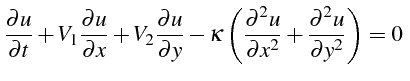 $\displaystyle \frac{\partial u}{\partial t}+V_{1}\frac{\partial u}{\partial x}+...
...partial^{2}u}{\partial x^{2}}+\frac{\partial^{2}u}{\partial y^{2}}\right)=0  $