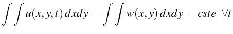 \bgroup\color{black}$\displaystyle \int\int u(x,y,t)  dxdy=\int\int w(x,y)  dxdy=cste    \forall t$\egroup