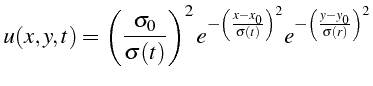 \bgroup\color{black}$\displaystyle u(x,y,t)=\left(\frac{\sigma_{0}}{\sigma(t)}\r...
...}}{\sigma(t)}\right)^{2}}e^{-\left(\frac{y-y_{0}}{\sigma(r)}\right)^{2}}$\egroup