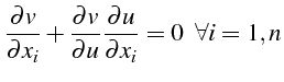 \bgroup\color{black}$\displaystyle \frac{\partial v}{\partial x_{i}}+\frac{\partial v}{\partial u}\frac{\partial u}{\partial x_{i}}=0    \forall i=1,n$\egroup