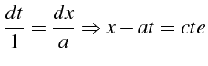 $\displaystyle \frac{dt}{1}=\frac{dx}{a}\Rightarrow x-at=cte$