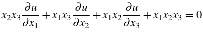 $\displaystyle x_{2}x_{3}\frac{\partial u}{\partial x_{1}}+x_{1}x_{3}\frac{\part...
...}{\partial x_{2}}+x_{1}x_{2}\frac{\partial u}{\partial x_{3}}+x_{1}x_{2}x_{3}=0$