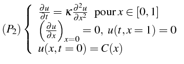 $\displaystyle (P_{2})\left\{ \begin{array}{l} \frac{\partial u}{\partial t}=\ka...
...u}{\partial x}\right)_{x=0}=0,   u(t,x=1)=0 u(x,t=0)=C(x)\end{array}\right.$