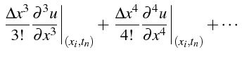 $\displaystyle \left.\frac{\Delta x^{3}}{3!}\frac{\partial^{3}u}{\partial x^{3}}...
...ac{\partial^{4}u}{\partial x^{4}}\right\vert _{\left(x_{i},t_{n}\right)}+\cdots$