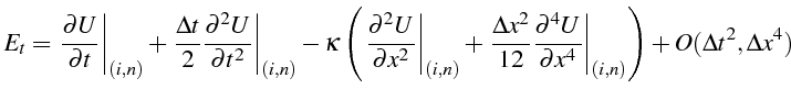 \bgroup\color{black}$\displaystyle E_{t}=\left.\frac{\partial U}{\partial t}\rig...
...^{4}}\right\vert _{\left(i,n\right)}\right)+O(\Delta t^{2},\Delta x^{4})$\egroup