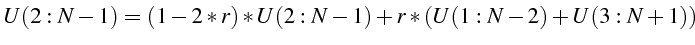 \bgroup\color{black}$\displaystyle U(2:N-1)=(1-2*r)*U(2:N-1)+r*(U(1:N-2)+U(3:N+1))$\egroup