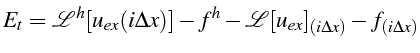 \bgroup\color{black}$\displaystyle E_{t}=\mathcal{L}^{h}[u_{ex}(i\Delta x)]-f^{h}-\mathcal{L}[u_{ex}]_{(i\Delta x)}-f_{(i\Delta x)}$\egroup