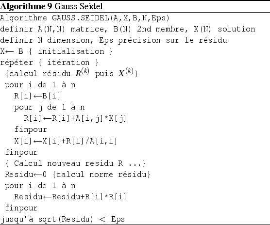 \begin{algorithm}
% latex2html id marker 1125\par
\caption{Gauss Seidel
}
\par...
...i]
\par
 finpour
\par
jusqu'à sqrt(Residu) $<$ Eps\end{list}\par
\end{algorithm}