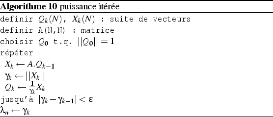 \begin{algorithm}
% latex2html id marker 1305\par
\caption{puissance itérée
}...
...varepsilon$
\par
$\lambda_{n}\leftarrow\gamma_{k}$\end{list}\par
\end{algorithm}