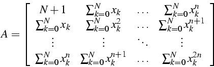 \begin{displaymath}
A=\left[\begin{array}{cccc}
N+1 & \sum_{k=0}^{N}x_{k} & \ldo...
...{k}^{n+1} & \ldots & \sum_{k=0}^{N}x_{k}^{2n}\end{array}\right]\end{displaymath}