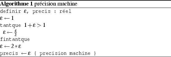 \begin{algorithm}
% latex2html id marker 189
[H]
\par
\caption{précision machine...
...recis $\leftarrow\epsilon$ \{ precision machine \}\end{list}\par
\end{algorithm}