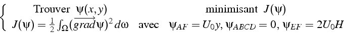 \begin{displaymath}
\left\{ \begin{array}{cc}
\mbox{Trouver  } \psi(x,y) & \mb...
...}=U_{0}y, \psi_{ABCD}=0,\:\psi_{EF}=2U_{0}H\end{array}\right.
\end{displaymath}