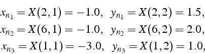 \begin{eqnarray*}
x_{n_{1}}=X(2,1)=-1.0,      y_{n_{1}}=X(2,2)=1.5,\\
x_{n...
...2)=2.0,\\
x_{n_{3}}=X(1,1)=-3.0,      y_{n_{3}}=X(1,2)=1.0,\end{eqnarray*}