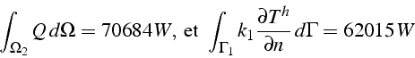 \begin{displaymath}
\int_{\Omega_{2}}Q  d\Omega=70684  W,  \textrm{\mbox{et\...
..._{1}}k_{1}\frac{\partial T^{h}}{\partial n}  d\Gamma=62015  W\end{displaymath}