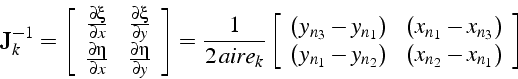 \begin{displaymath}
\mathbf{J}_{k}^{-1}=\left[\begin{array}{cc}
\frac{\partial\x...
...y_{n_{1}}-y_{n_{2}}) & (x_{n_{2}}-x_{n_{1}})\end{array}\right]
\end{displaymath}