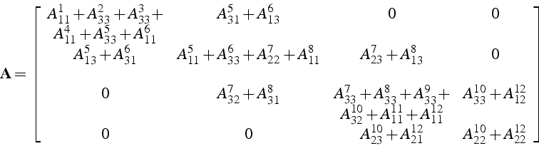 \begin{displaymath}
\mathbf{A}=\left[\begin{array}{cccc}
A_{11}^{1}+A_{33}^{2}+A...
...}^{10}+A_{21}^{12} & A_{22}^{10}+A_{22}^{12}\end{array}\right]
\end{displaymath}