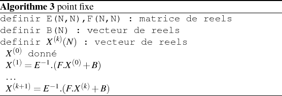 \begin{algorithm}
% latex2html id marker 3406\caption{point fixe}
\par
\begin{...
...r
~$\ldots$
\par
~$X^{(k+1)}=E^{-1}.(F.X^{(k)}+B)$\end{list}\par
\end{algorithm}