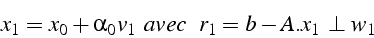 \begin{displaymath}
x_{1}=x_{0}+\alpha_{0}v_{1}    avec      r_{1}=b-A.x_{1} \perp w_{1}\end{displaymath}