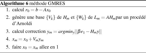 \begin{algorithm}
% latex2html id marker 3753\begin{enumerate}
\item calcul $r...
...{m}$\ allez en 1
\end{enumerate}\caption{m\'{e}thode GMRES}
\par
\end{algorithm}