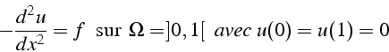 \begin{displaymath}
-\frac{d^{2}u}{dx^{2}}=f     \mbox{\mbox{}{sur }}  \Omega=]0,1[   {  avec }  u(0)=u(1)=0
\end{displaymath}