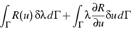 \begin{displaymath}
\int_{\Gamma}R(u) \delta\lambda  d\Gamma+\int_{\Gamma}\lambda\frac{\partial R}{\partial u}\delta u  d\Gamma\end{displaymath}