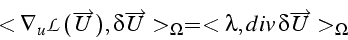 \begin{displaymath}
<\nabla_{u}\mathcal{L}(\overrightarrow{U}),\delta\overrightarrow{U}>_{\Omega}=<\lambda,div \delta\overrightarrow{U}>_{\Omega}\end{displaymath}