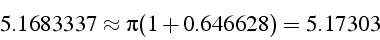 \begin{displaymath}
5.1683337\approx\pi(1+0.646628)=5.17303\end{displaymath}